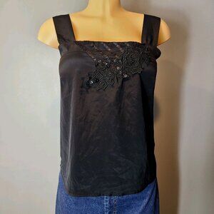 Vintage Y2K Beaded Sequin Silky Satin Tank Top‎ Size 12 Whimsigoth NYE 90s Black